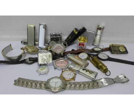 A collection of lighters and watches including a Buler lighter with watch