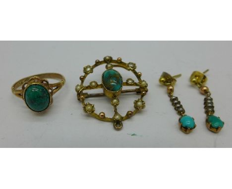 A jewellery suite; a 9ct gold, turquoise and seed pearl brooch/pendant, a 9ct gold and turquoise ring and a pair of 9ct gold 