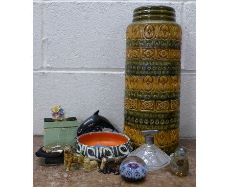 A West German pottery vase, 41cm, a millefiori and a Maltese paperweight, a Poole bowl, Wade Whimsies, compact, etc.