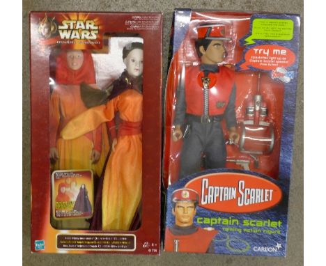 A Star Wars figure, Queen Amidala and a Captain Scarlet figure, boxed