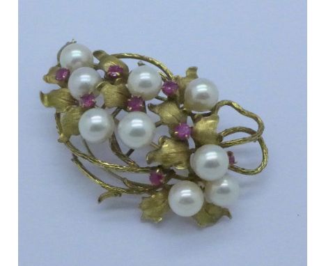 A 14ct gold, ruby and pearl brooch, 15.7g, 35mm x 59mm