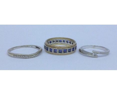 Three 9ct gold rings, two set with diamonds, 7.3g, L, P and R