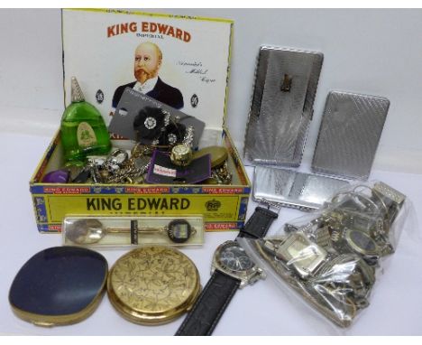 Wristwatches, cigarette cases, compacts, mixed coins, costume jewellery, spoons, etc.