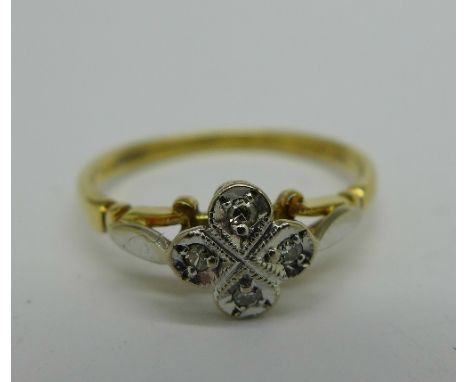 An Art Deco four diamond set ring, hallmark worn 2.5g, O