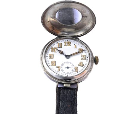 Military ww1 period silver trench half hunter swiss wrist watch with enamelled chapter ring winds and ticks 