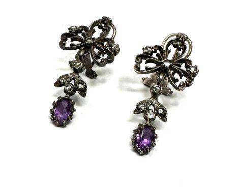 Vintage silver &amp; amethyst &amp; rose diamond earrings measures approx 3.2cm drop 