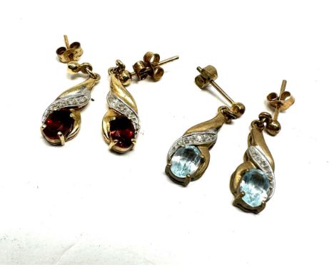 2 x 9ct yellow gold vintage paired drop earrings inc. diamond, topaz &amp; garnet (3.5g) 