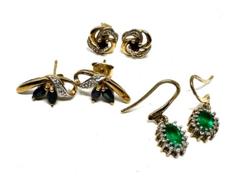 3 x 9ct yellow gold vintage paired earrings inc. synthetic emerald, sapphire, diamond &amp; ruby (4g) 