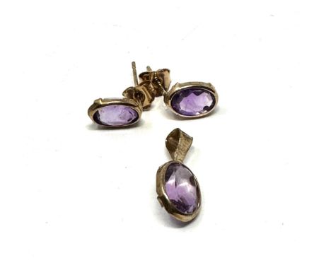 9ct yellow gold vintage amethyst earrings &amp; pendant set (1g) 