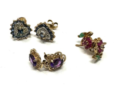 3 x 9ct yellow gold vintage paired earrings inc. diamond, ruby, sapphire, emerald &amp; amethyst (4.3g) 