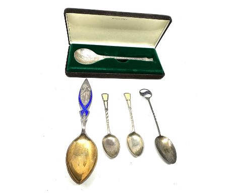 selection of silver spoons inc 2 enamel tea spoons etc 