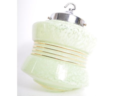 1930s Art Deco hanging glass shade in Mint Green splatter glass and with golden gilt details around the center and a top, wit
