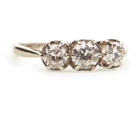DIAMOND THREE STONE RING, the diamonds totalling approximately 0.80 carats overall, indistinctly marked, size O 1/2, 2.3g