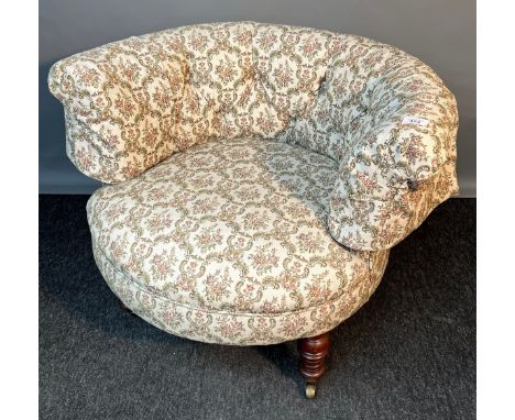 Victorian small tub chair, Button back country material, raised on turned legs and ending with brass castors. 