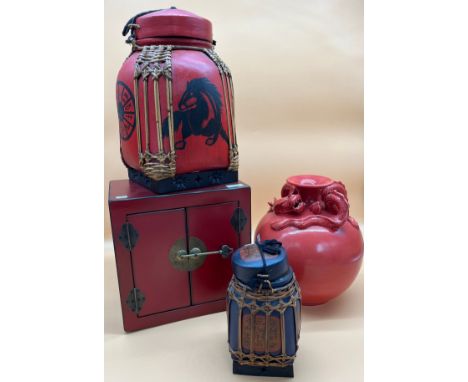 Selection of Chinese items; Chinese red glazed raised relief dragon vase, Two lidded preserve pots and red two door spice cab