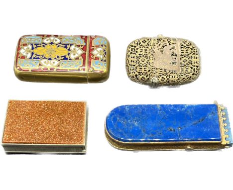 Four antique vesta cases; Lapis Lazuli and brass push button vesta case, Silver plated and gold stone vesta case, Antique Clo