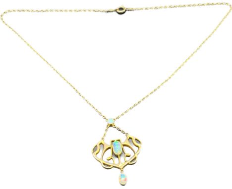 9ct yellow gold necklace with attached 9ct gold pendant fitted with three opal stones. [5.49grams] 