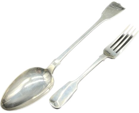 Large Georgian London silver serving spoon and Victorian London silver fiddle pattern Fork. [213grams] [Spoon- 30.5cm in leng