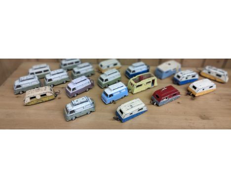 A box of Corgi ford Thames vehicles  caravan along with dinky caravan vehicles 
