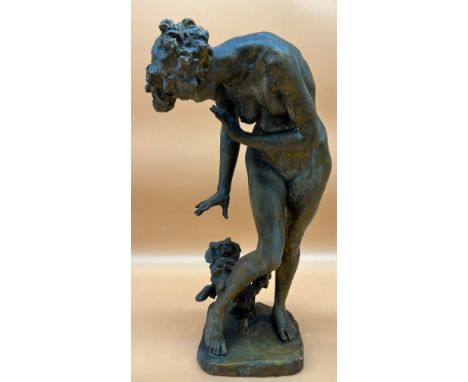 George Henry Paulin ARSA (1888-1962)Large chalkware Bronzed sculpture of a nude lady with a dog playing at her feet, Signed G