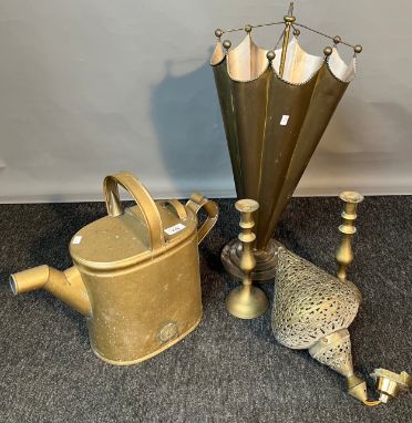 Selection of brass collectables; Brass umbrella shaped stick stand, Trade mark H.F.&amp; CO Watering can, Indian ceiling ligh