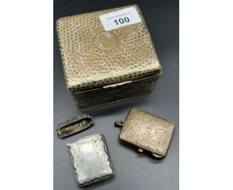 Hammered Silver cigarette box, Silver Push button vesta case and one other vest- damage to lid. 