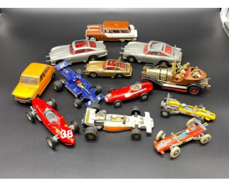 A collection of playworn car models to include Dinky 007 db5 Aston Martin and Corgi Chitty Chitty Bang Bang model. 