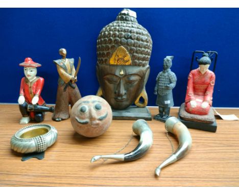 Selection of Asian collectables; Wooden buddha head sculpture, Terracotta Oni mask sculpture, Plated ornate slave bangle, Two