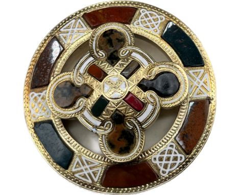 19th century 14ct yellow gold, enamel and agate circular Celtic brooch. C.1860. Fitted with various agate stones and blood st