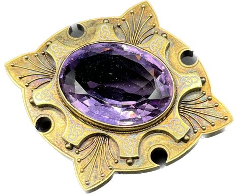 Antique 14ct/15ct yellow gold, white enamel and large amethyst stone brooch/ pendant. [Amethyst- 24.70x18.24mm] [22.80grams] 