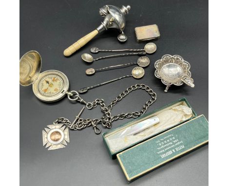 Selection of silver items and collectables; Birmingham silver baby rattle, small 925 silver snuff box, 900 grade silver and 1