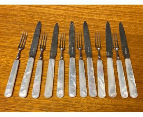 12 piece Sheffield silver fork and knives set Fitted with mother of pearl handles. Produced by Allen &amp; Darwin. 