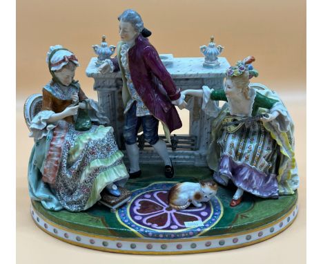 Antique large Porcelain Group figurine. Two seated women, Gentleman and a cat. Possibly German made. [25.5x36x23cm] [Lady wit