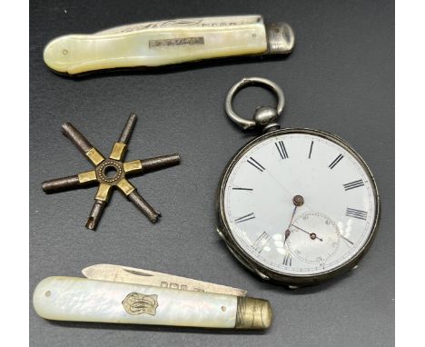 Silver Pocket watch, Two silver and mother of pearl fruit knives and pocket watch key. 