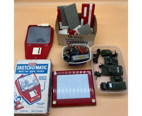 A Lot of vintage toys; Dinky Military vehicles, Merit- Sketch-o- matic, Vintage lego, playworn vehicles and Vintage sketch to