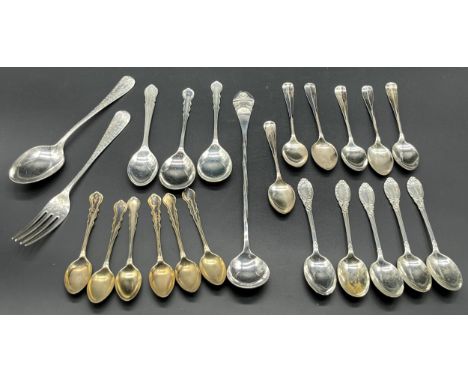 A Selection of silver flatwares; Sheffield silver fork and knife, A Set of five Sheffield silver coffee spoons, A Set of six 