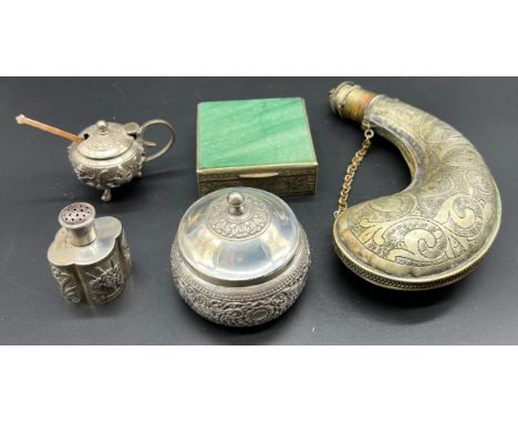 A Selection of Asian silver and plated items; Chinese silver pepper pot, Ornate silver lidded preserve pot, Silver plated pow