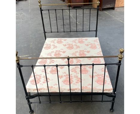 Antique Cast metal and brass double bed frame. Black enamel painted frame and brass finial and bar ends. [142x140x200cm]