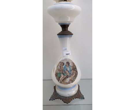 Antique Glass and brass paraffin lamp; Globe shade- has chip to rim, Milk glass and brass body depicting Print of two young b