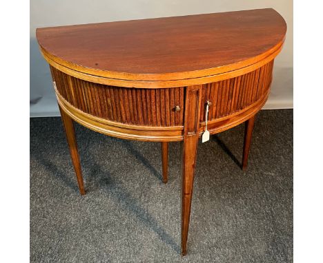 19th century mahogany French Demi lune card table with tambour slides. Baize interior playing area. [75.5cm high 80cm dimeter