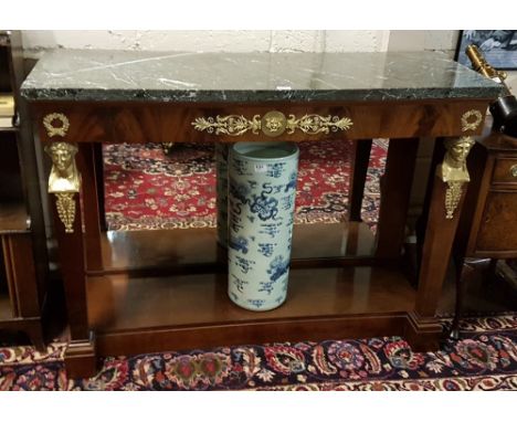 Fine quality Mahogany Console Table, the green marble rectangular p over an apron applied with brass wreaths and swags, each 