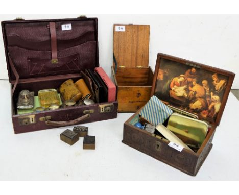 3 writing boxes having writing pens, ink blocks, 4 inkwells etc, blotting roller, leather wallets etc