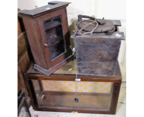 Glass table top display case, a small cabinet with shelves, butter box with record player (3)