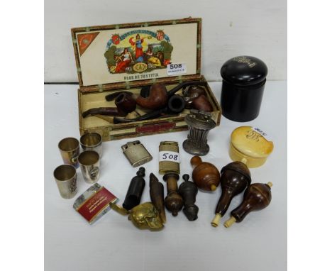 Assorted shelf of items – carved tobacco pipes, 4 whistles, match striker &amp; lighters, 4 measures, 2 pots etc