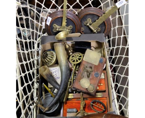 2 postal scales, brass & other ornaments, hanging hooks etc