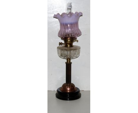 Victorian Table Oil Lamp, brass base, clear glass bowl and a tulip shaped purple and pink shade, 26.5”h