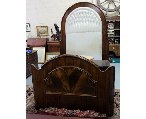 Late 19thC Mahogany Half Tester Bed, the oval headboard covered with deep button white satin fabric, feathered mahogany baseb