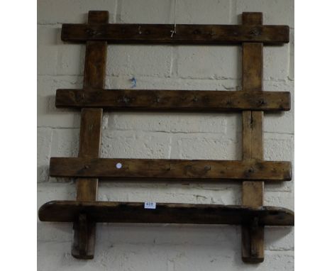 Antique Irish pine hanging rack with hooks and shelf, 38"w x 34"h