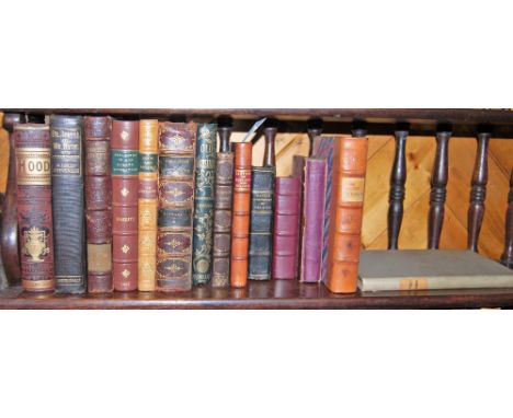 Shelf of mainly leather spine books, literature, angling, "Burke's Speech", 1775, 3rd Edition