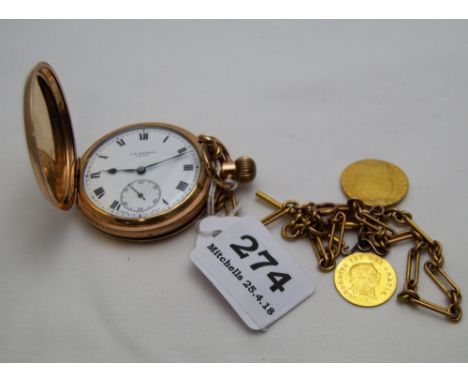 J.W. Benson London Pocket Watch in 10ct gold Dennison case, movement serial no. 77520, on a gold fob chain with 2 gold coins 